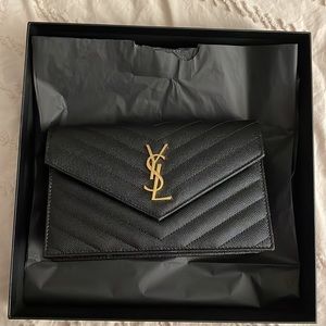 YSL Cassandre Matelassé Envelope Chain Wallet in Grain DePoudre EmbossedLeather